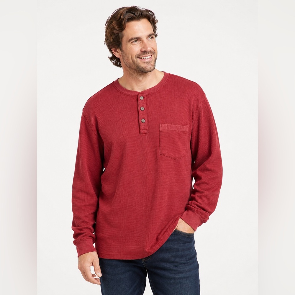 Duluth Trading Co Waffle Knit Henley Shirt Men’s 2XL Red Long Sleeve Pocket